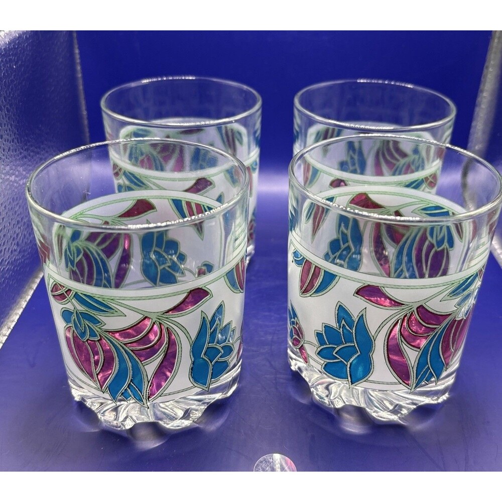 Vintage Italian Rock Glasses Set Of 4 Magenta Blue Floral Art Nouveau